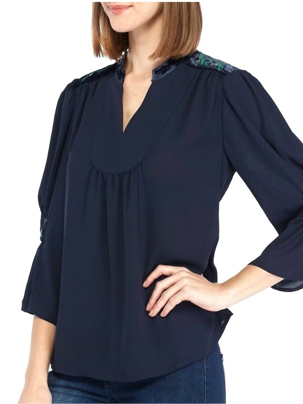 Women’s Crown & Ivy Navy Flounce Sleeve Embroidered velvet v neck chiffon top